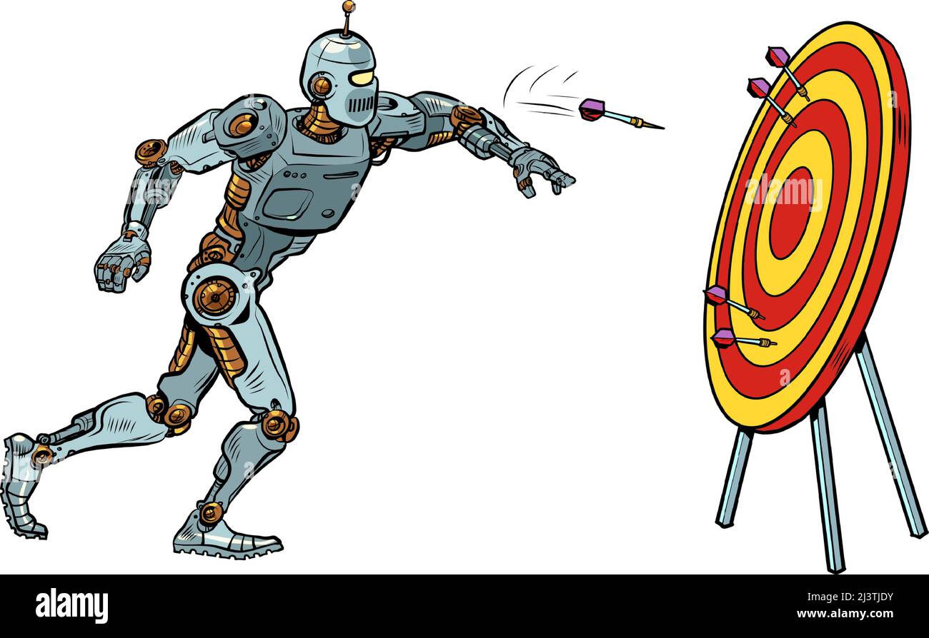 Roboter Ziel Dart Ziel Genauigkeit Wettbewerb, Sport Spaß und Erholung. Pop Art Retro Vektor Illustration Comic Karikatur 50s 60s Stil Vintage-Kit Stock Vektor
