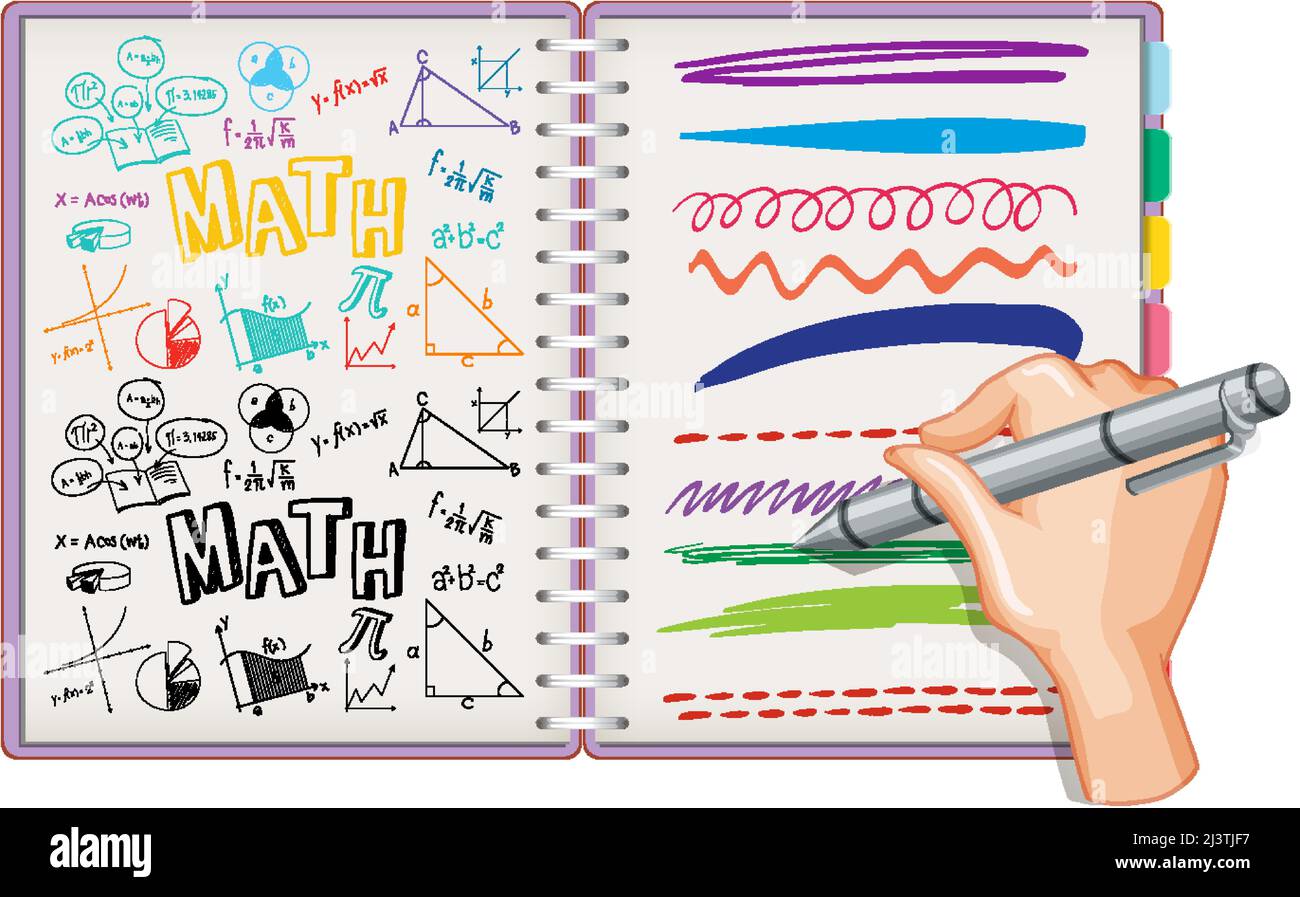 Hand schreiben mathematische Formel und Doodle auf Notebook-Illustration Stock Vektor