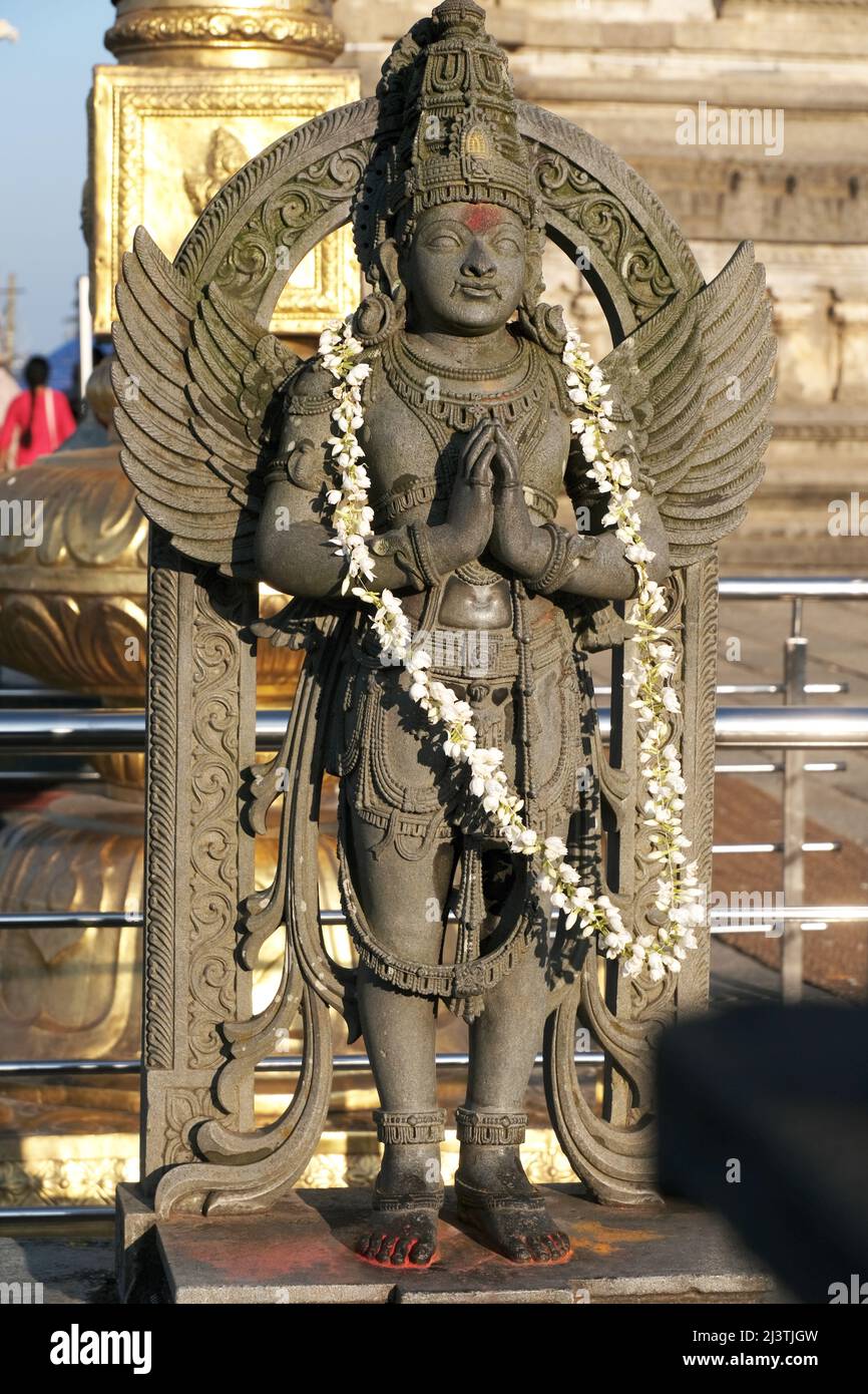 Steinskulptur der Statue des Herrn Garuda mit selektivem Fokus, Hindu-Tempel aus dem 12.. Jahrhundert, antike Steinkunst und Skulpturen in jeder Säule, Chenna Stockfoto