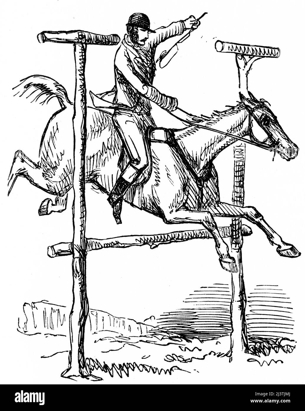 Ein Reiter, der eine gefährliche Hürde beim Training für eine Fuchsjagd springt. Stahlstich von John Leech aus Robert Smith Surtees’ Mr. Sponge’s Sporting Tour, um 1850 Stockfoto