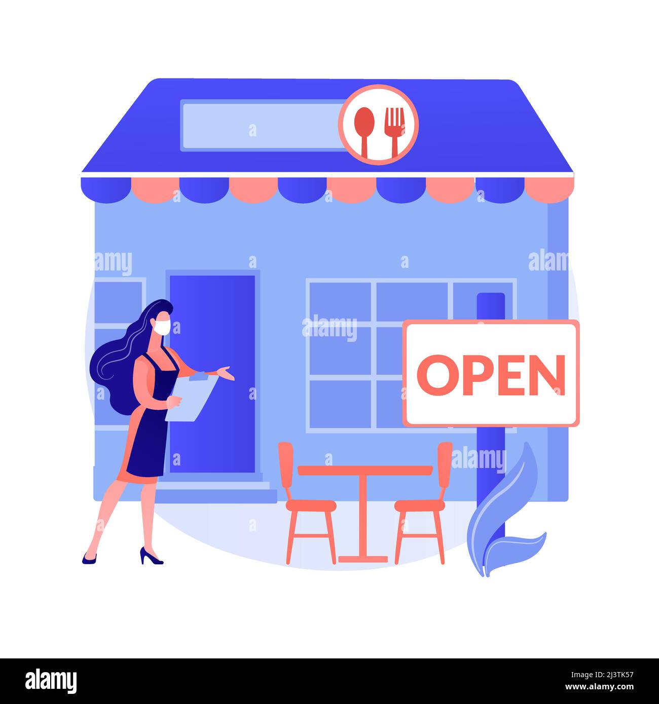Restaurants Wiedereröffnung abstrakten Konzept Vektor Illustration. Pandemie Business Anpassung, Outdoor-Sitzbereich, außerhalb Essen, Tischabstand, soziale Stock Vektor