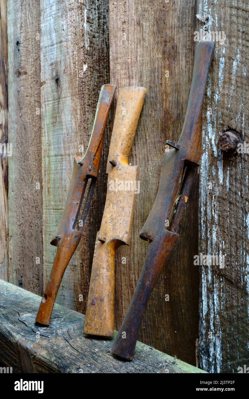 Drei-Speichen-Rasierwerkzeuge für die Holzbearbeitung. Stockfoto