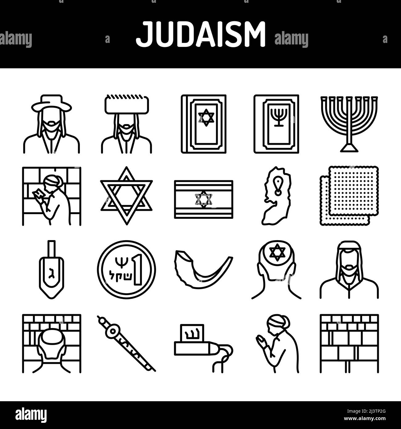 Judaismus Linie Symbole gesetzt. Isoliertes Vektorelement. Stock Vektor