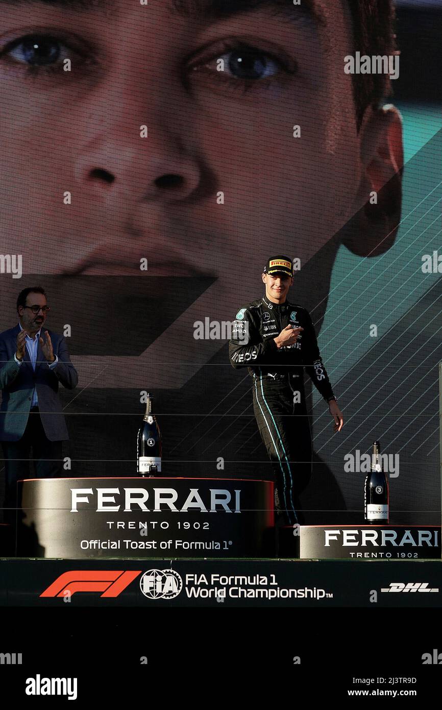 Melbourne, Australien. 10. April 2022. 10. April 2022, Albert Park, Melbourne, FORMEL 1 ROLEX AUSTRALIAN GRAND PRIX 2022, im Bild Podium: 3. Platz für George Russel (GBR), Mercedes-AMG Petronas Formula One Team Credit: dpa/Alamy Live News Stockfoto