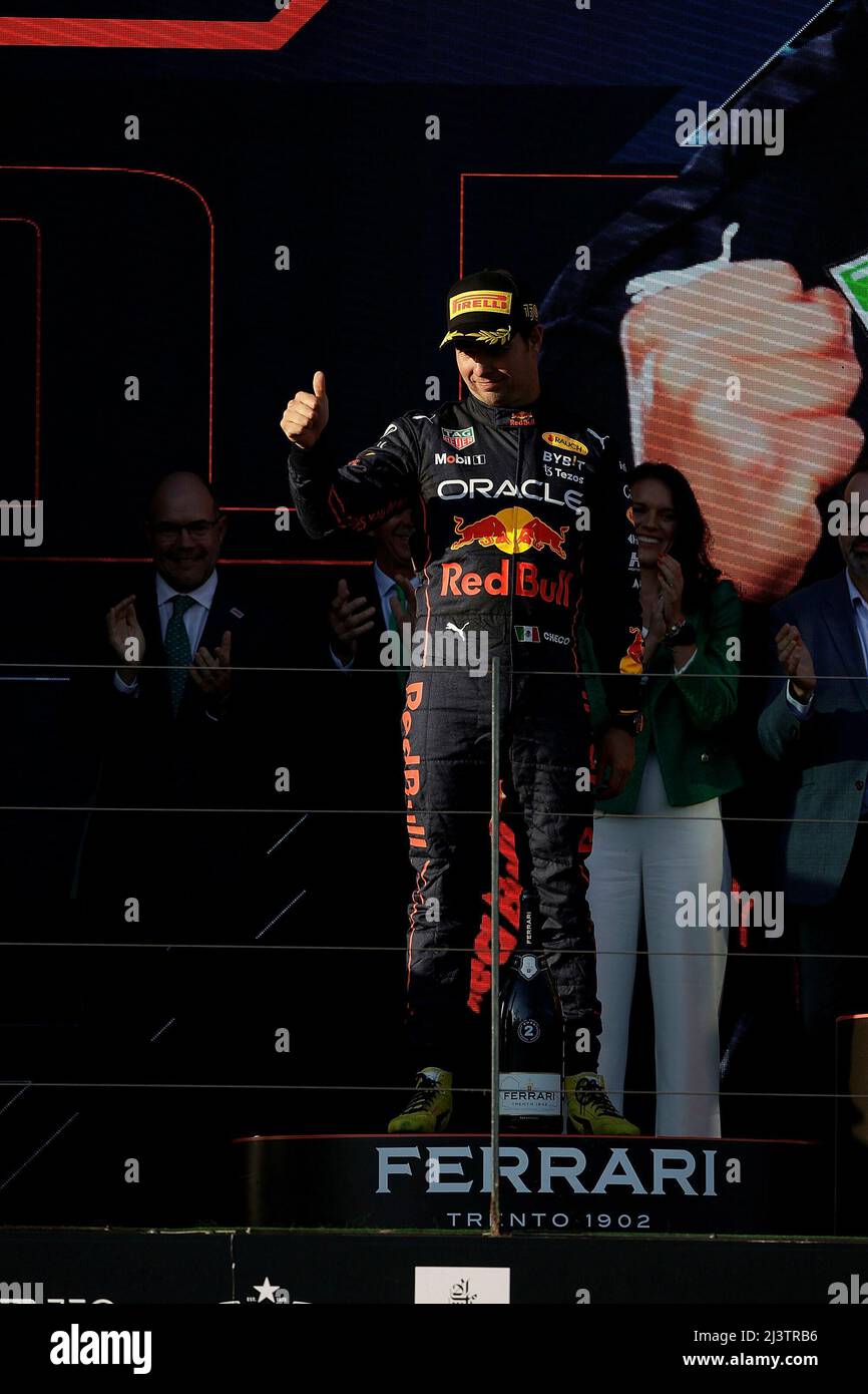Melbourne, Australien. 10. April 2022. 10. April 2022, Albert Park, Melbourne, FORMEL 1 ROLEX AUSTRALIAN GRAND PRIX 2022, im Bild Podium: 2. Platz für Sergio Perez (MEX), Oracle Red Bull Racing Credit: dpa/Alamy Live News Stockfoto