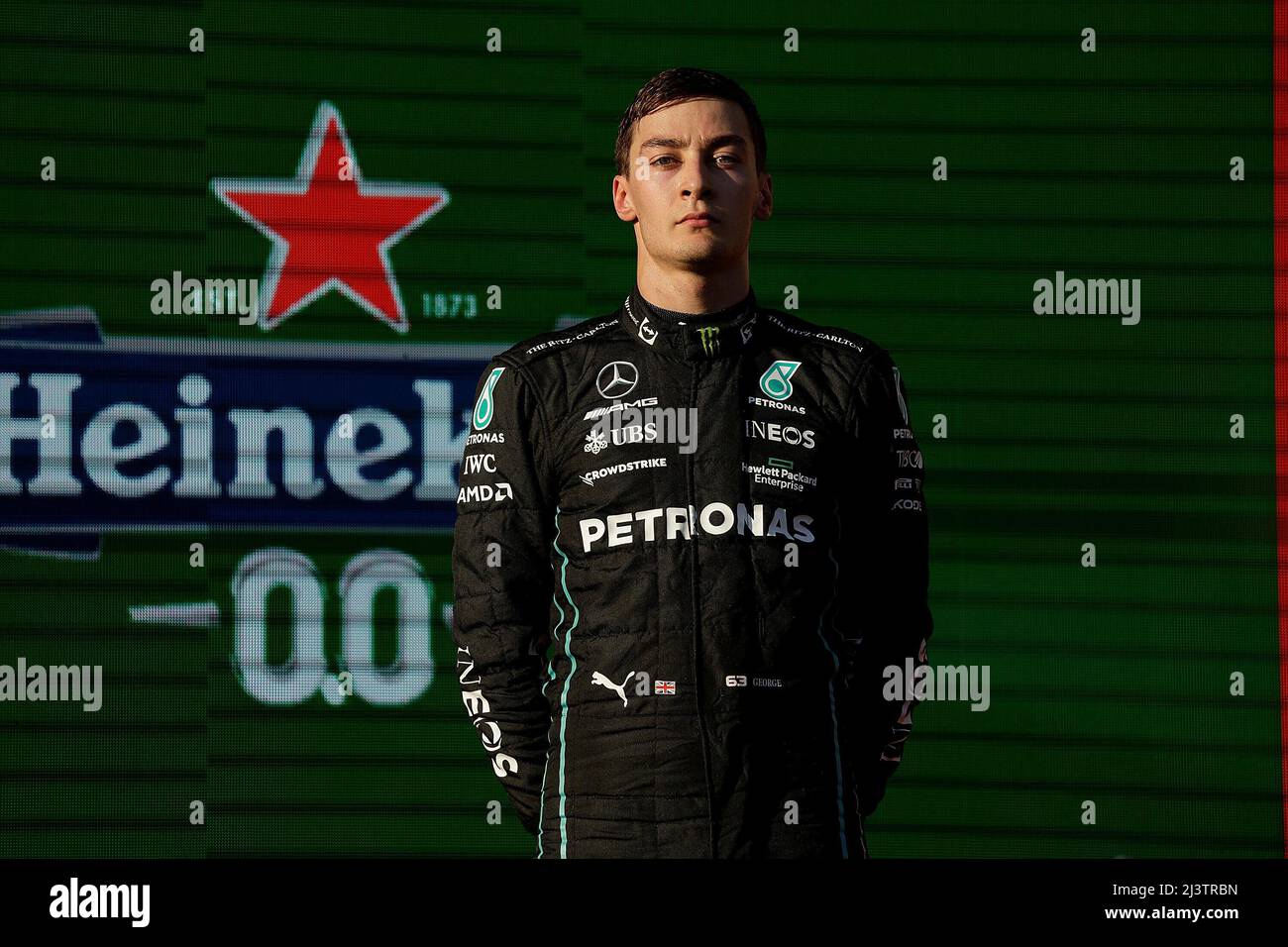 Melbourne, Australien. 10. April 2022. 10. April 2022, Albert Park, Melbourne, FORMEL 1 ROLEX AUSTRALIAN GRAND PRIX 2022, im Bild Podium: 3. Platz für George Russel (GBR), Mercedes-AMG Petronas Formula One Team Credit: dpa/Alamy Live News Stockfoto