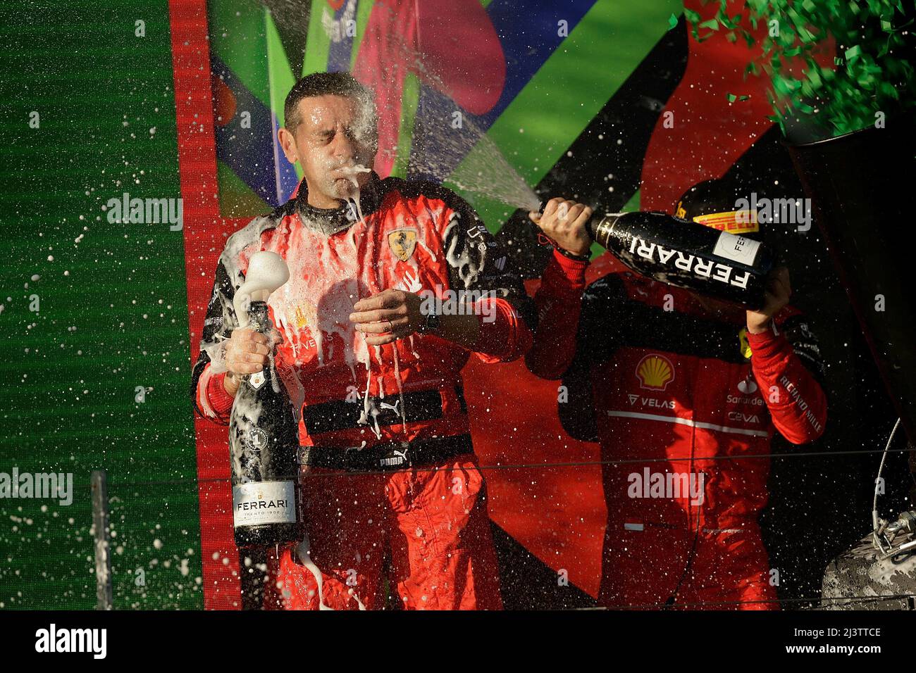 Melbourne, Australien. 10. April 2022. 10. April 2022, Albert Park, Melbourne, FORMEL 1 ROLEX AUSTRALIAN GRAND PRIX 2022, im Bild Podium: Gewinner Charles Leclerc (MCO), Scuderia Ferrari Credit: dpa/Alamy Live News Stockfoto