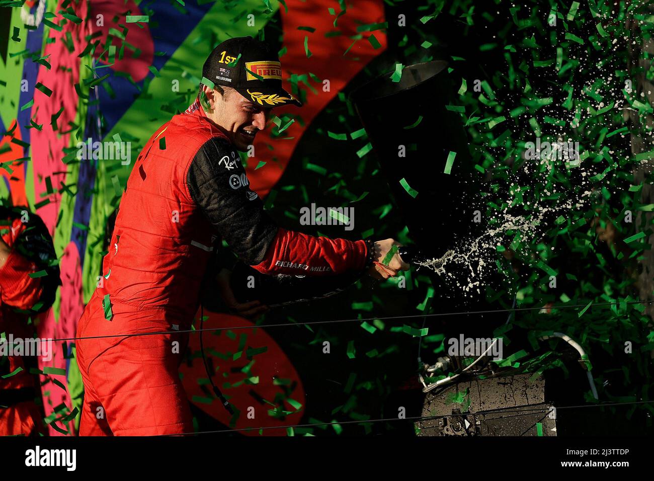 Melbourne, Australien. 10. April 2022. 10. April 2022, Albert Park, Melbourne, FORMEL 1 ROLEX AUSTRALIAN GRAND PRIX 2022, im Bild Podium: Gewinner Charles Leclerc (MCO), Scuderia Ferrari Credit: dpa/Alamy Live News Stockfoto