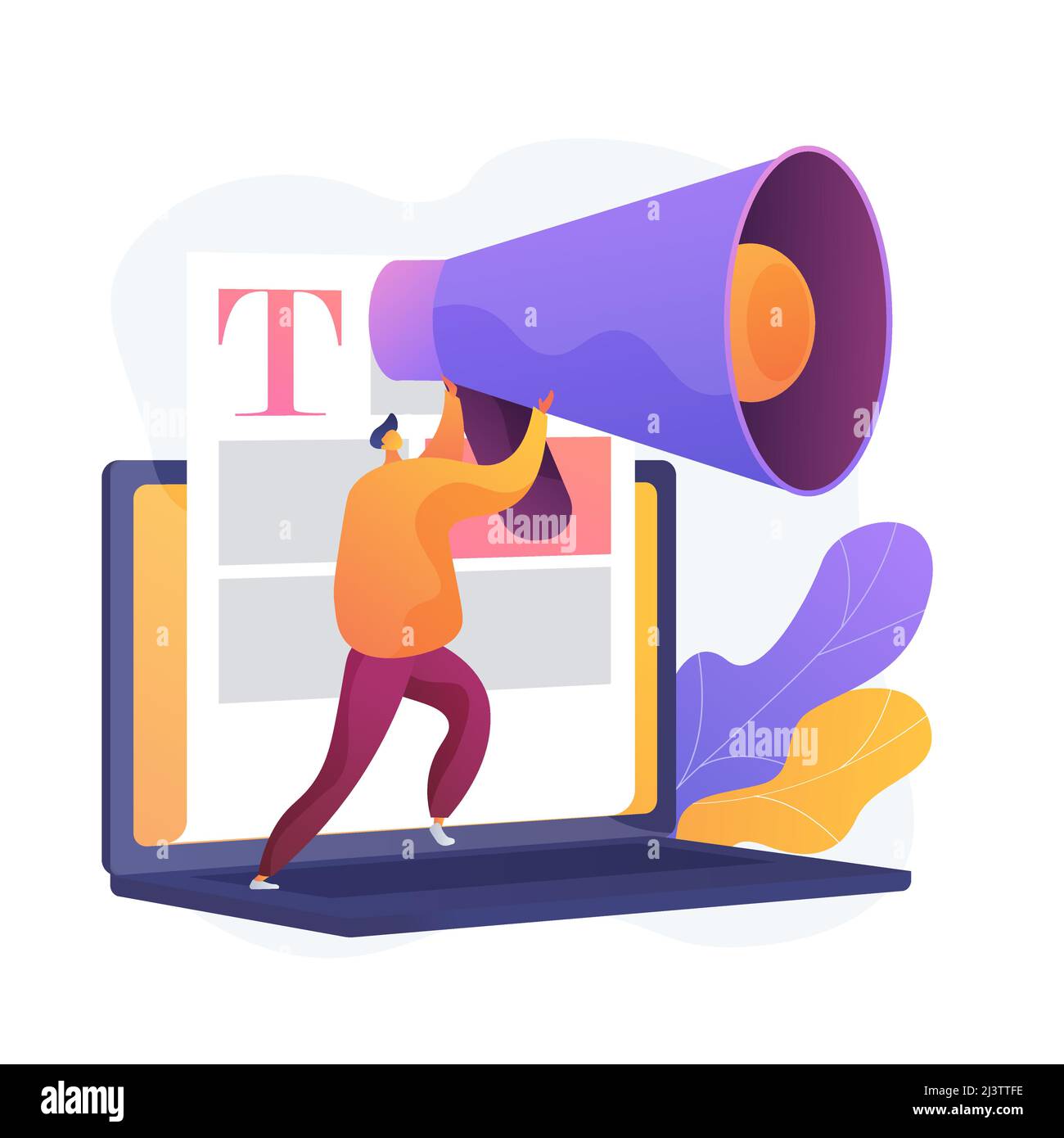 Content- und Massenmedien-Marketing. Copywriting Internet-Werbung. Werbeartikel, Nachrichten, Rundfunk. Blogger, Person hält Megaphon. Vektor Stock Vektor