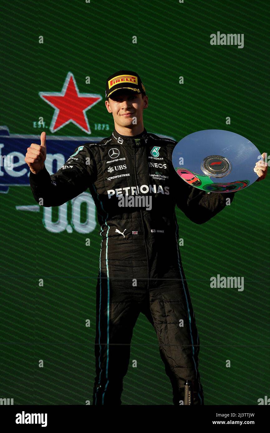 Melbourne, Australien. 10. April 2022. 10. April 2022, Albert Park, Melbourne, FORMEL 1 ROLEX AUSTRALIAN GRAND PRIX 2022, im Bild Podium: 3. Platz für George Russel (GBR), Mercedes-AMG Petronas Formula One Team Credit: dpa/Alamy Live News Stockfoto