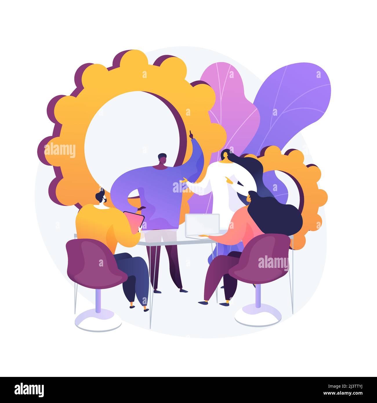 Firmenmeeting. Mitarbeiter Cartoon-Figuren diskutieren Geschäftsstrategie und Planung weiterer Maßnahmen. Brainstorming, formale Kommunikation, Semina Stock Vektor