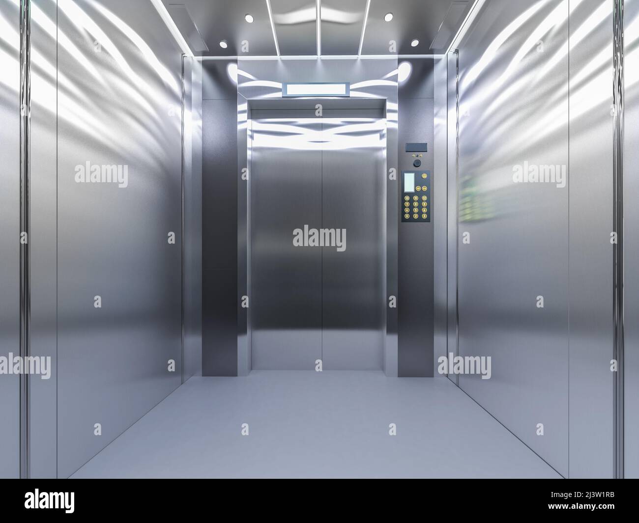 3D Öffnen der Tür des metallischen Aufzugs oder Personenlifts Stockfoto