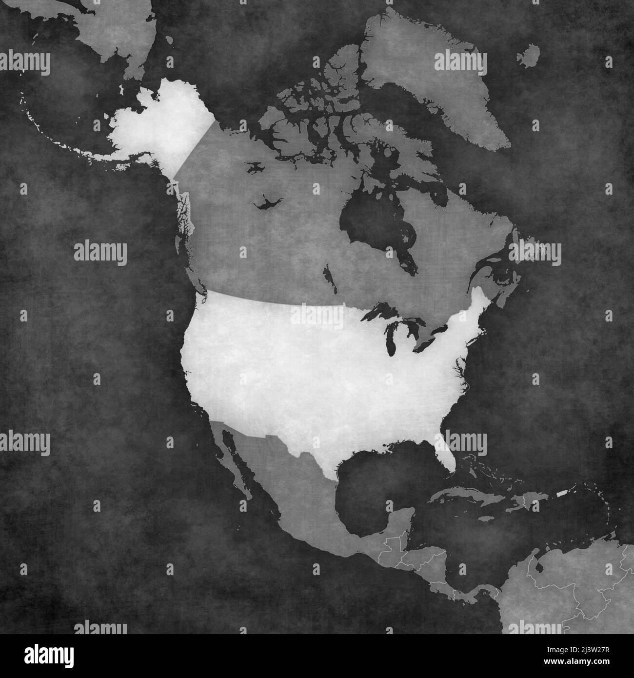 USA auf der Karte von Nordamerika. Die Karte ist im Vintage-Schwarz-Weiß-Stil gehalten. Die Karte hat sanftes Grunge und Retro-Atmosphäre aus altem Papier. Stockfoto