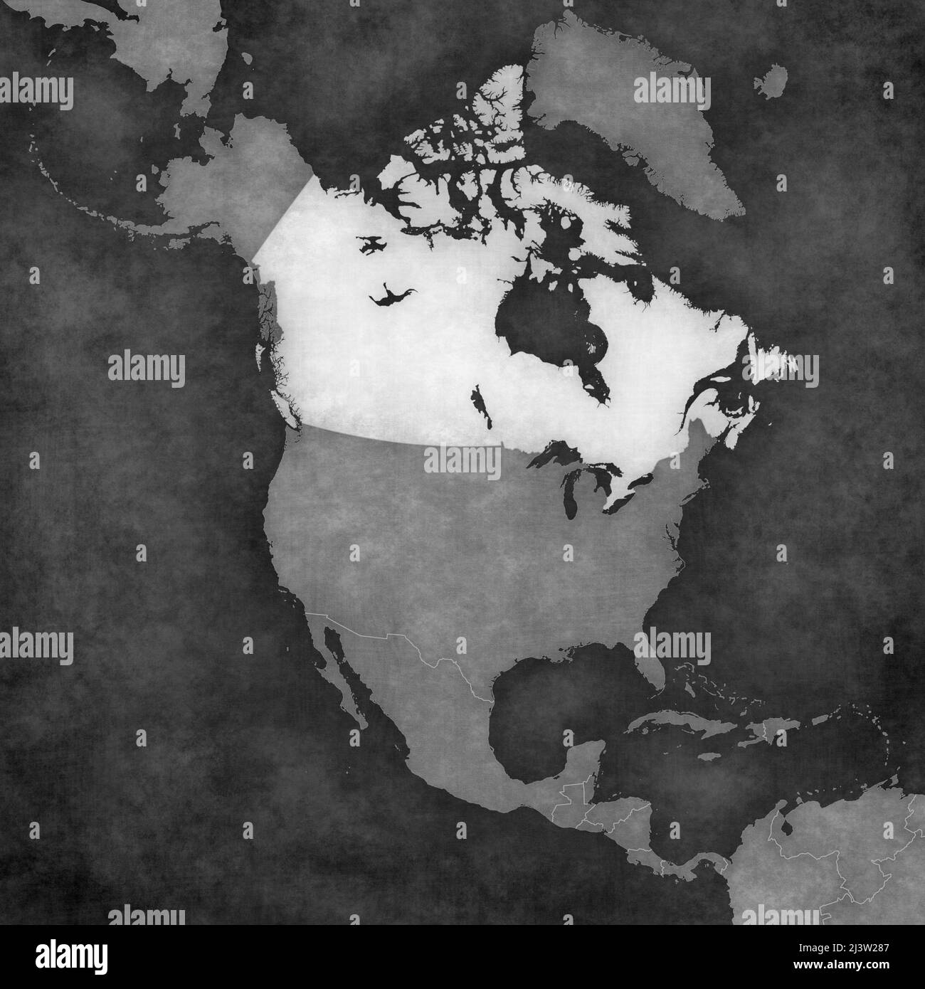 Kanada auf der Karte von Nordamerika. Die Karte ist im Vintage-Schwarz-Weiß-Stil gehalten. Die Karte hat sanftes Grunge und Retro-Atmosphäre aus altem Papier. Stockfoto