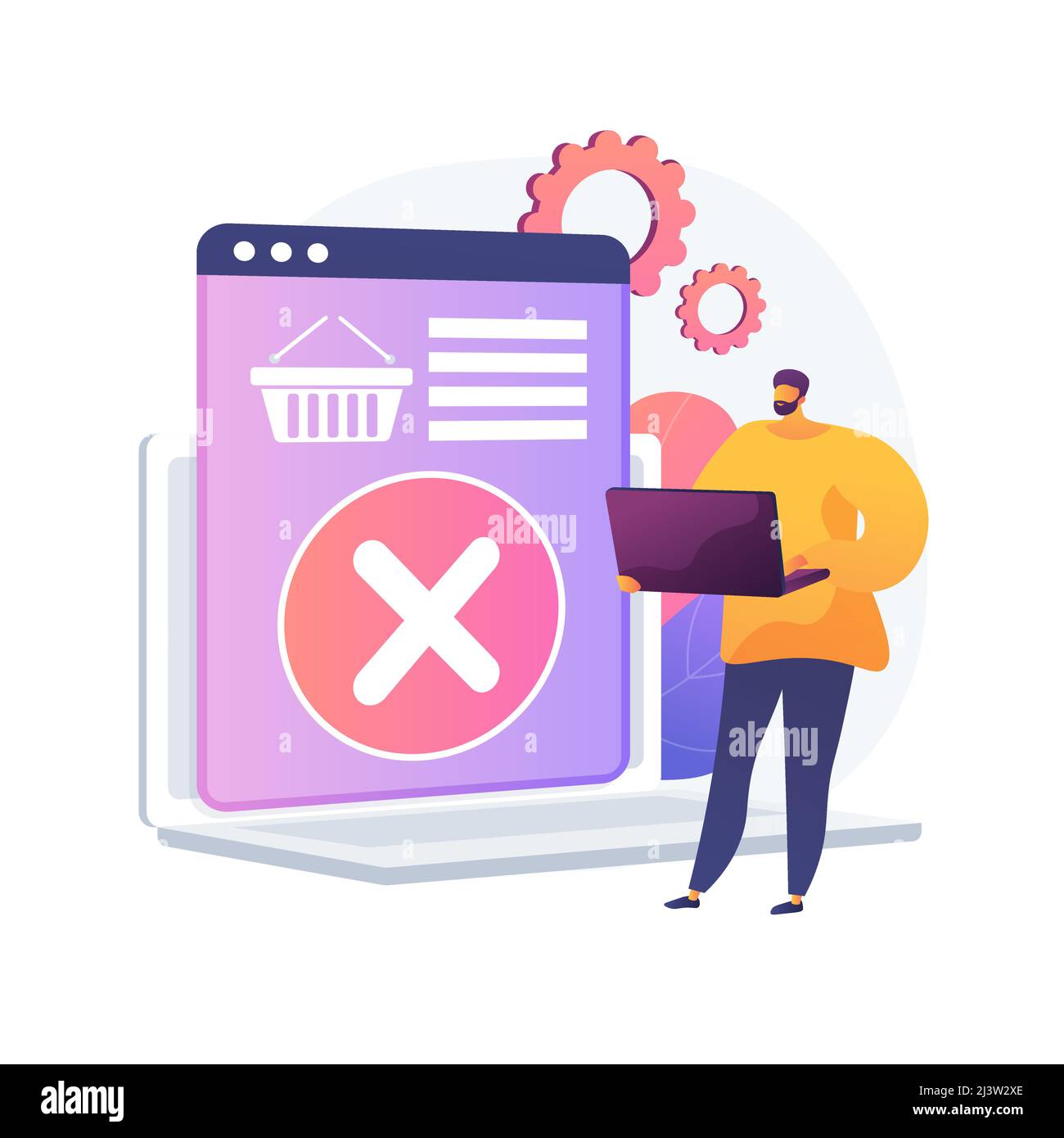 Entfernen von Waren aus dem Warenkorb, Verweigerung des Kaufs, Änderung der Entscheidung. Löschen von Elementen, Entleeren des Papierkorbs. Online-Shopping-App, Laptop-Benutzer Cartoon-Charakter Stock Vektor