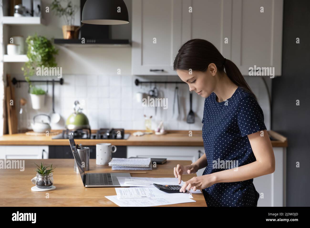 Frau berechnet Kosten, macht persönliche Finanzanalyse Stockfoto