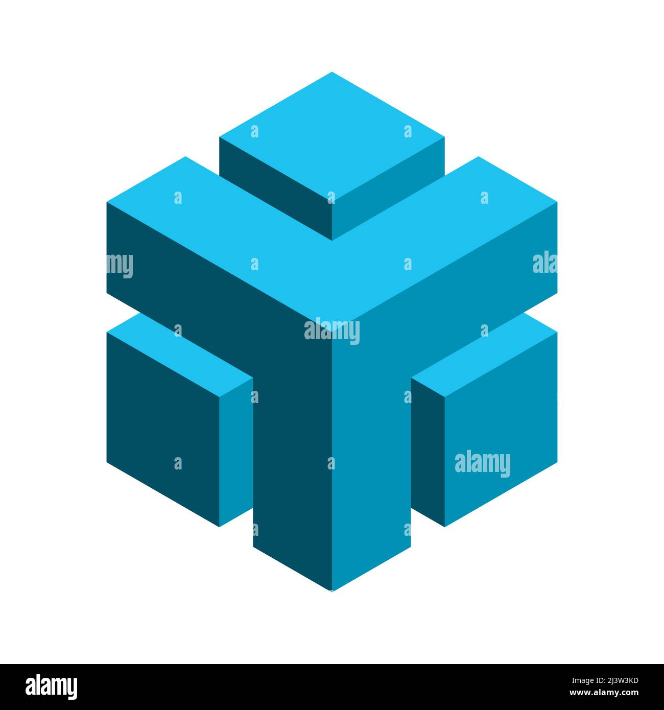 Blaue, abstrakte Würfelform. Vorlage für das Y-Logo mit 3D Buchstaben. Geometrisches quadratisches Objekt. Isometrische Buchstaben Y L-Symbol. Firmenlogo. Architekturblock Stock Vektor