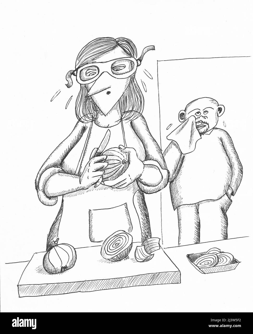 Frau schält Zwiebeln mit einer Brille. Abbildung. Stockfoto