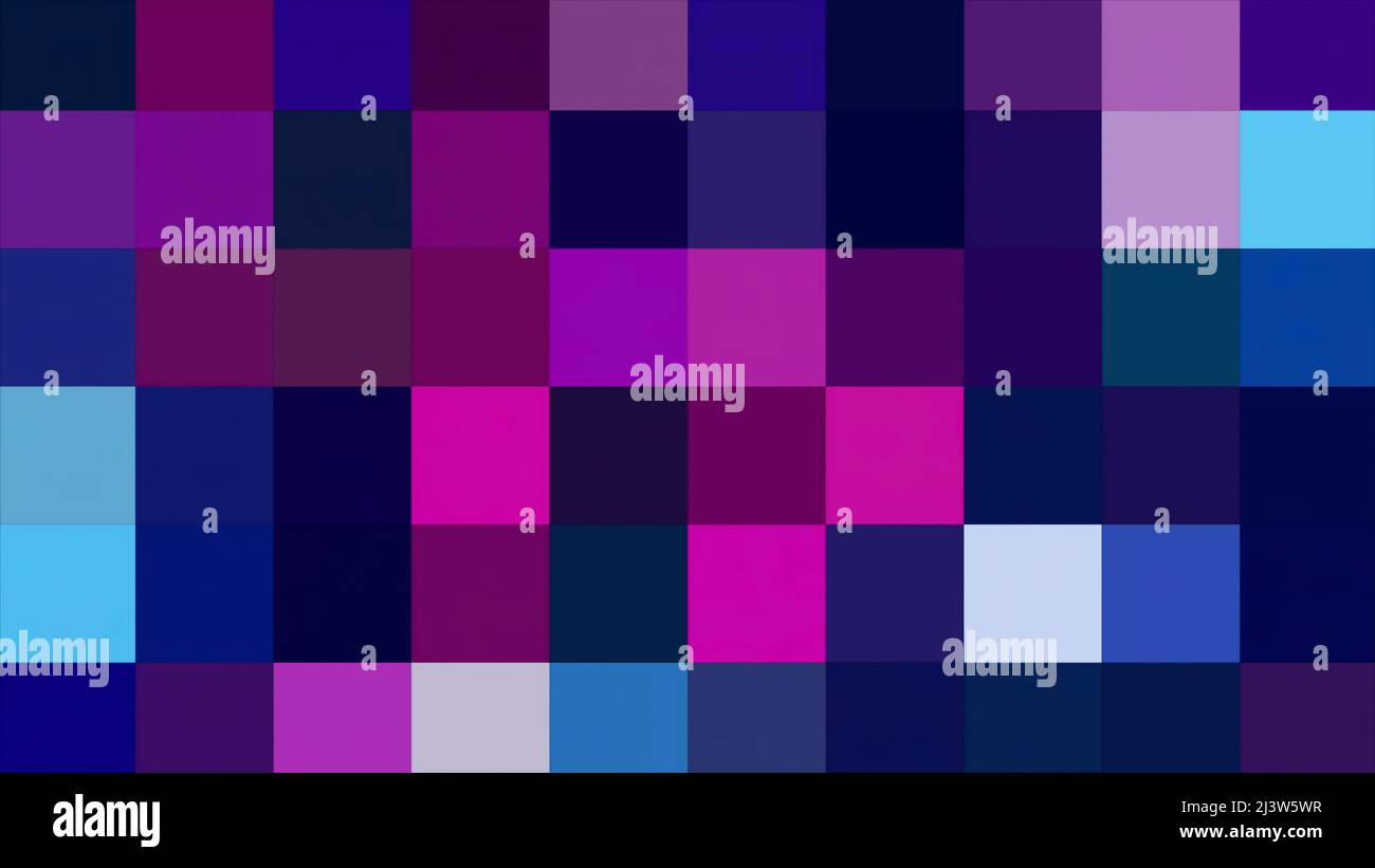 Quadrate in Abstraktion. Bewegung. In der Abstraktion werden violette und rote Pixel verschwommen, die in verschiedenen Schattierungen schimmern. Stockfoto