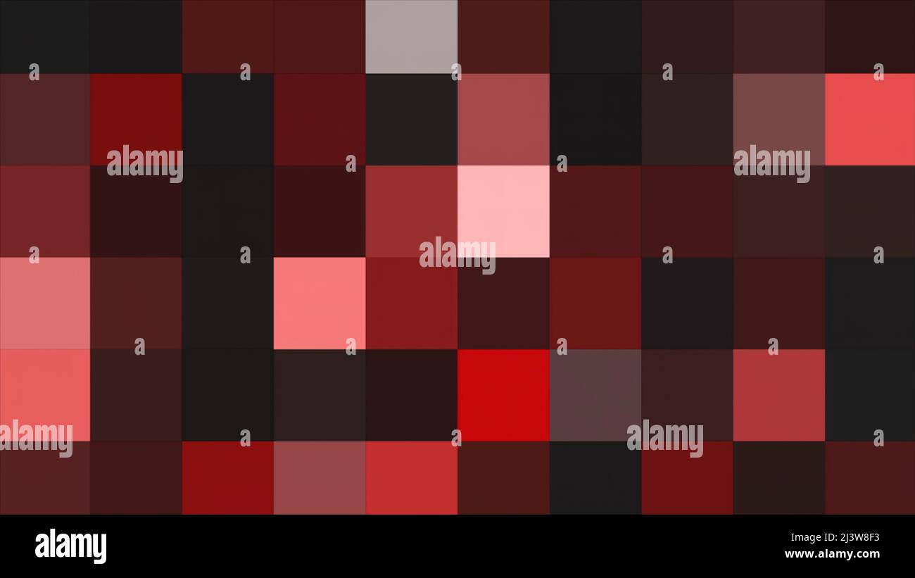 Quadrate in Abstraktion. Bewegung. In der Abstraktion werden violette und rote Pixel verschwommen, die in verschiedenen Schattierungen schimmern. Stockfoto