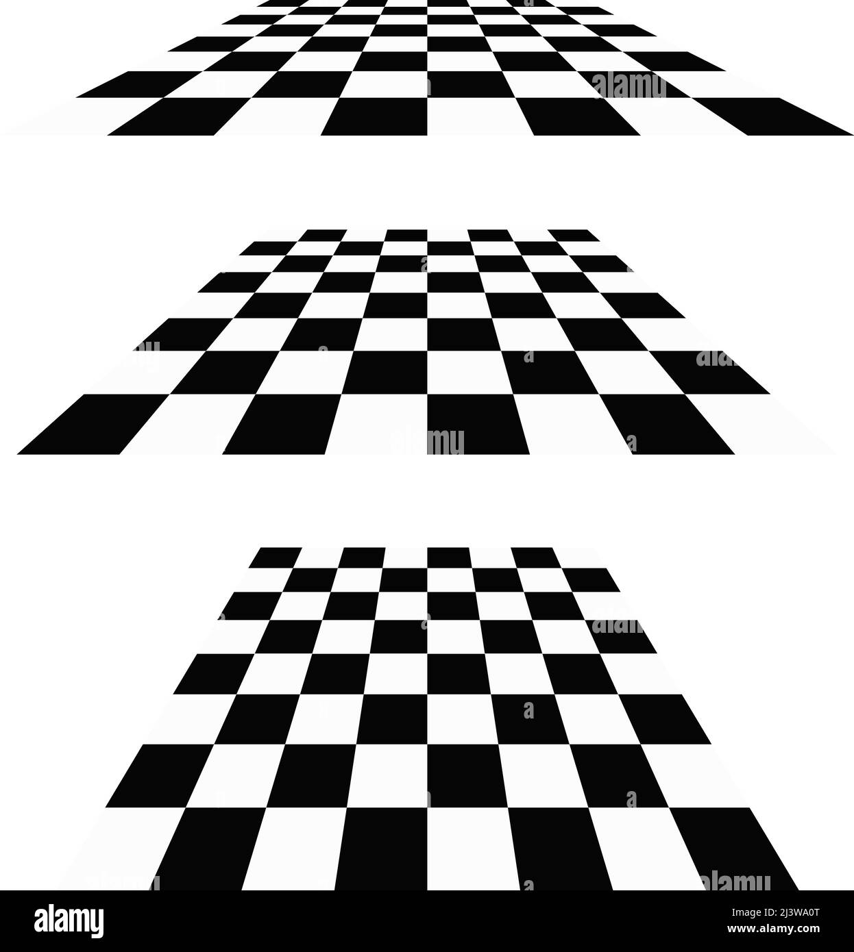 3D Schachbrett, Schachbrettmuster perspektivisch. Kariert, kariert überprüft, ob Flugzeuge verschwinden und in den Horizont abtauchen. Vektordarstellung, Stock Vektor