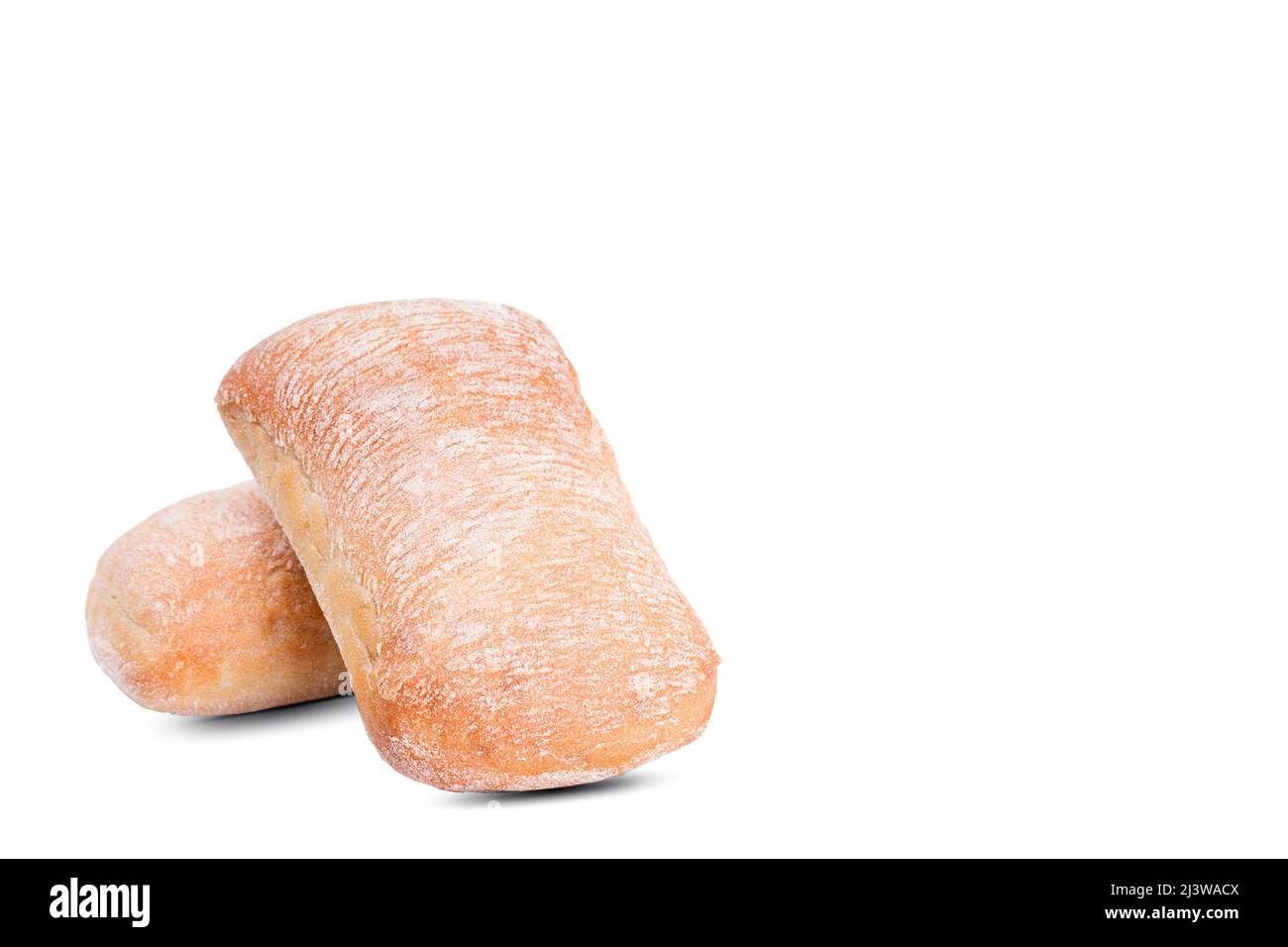 Ciabatta Brötchen isoliert auf weiß. Copy Space Ciabatta Brötchen isoliert auf weiß. Speicherplatz kopieren Stockfoto