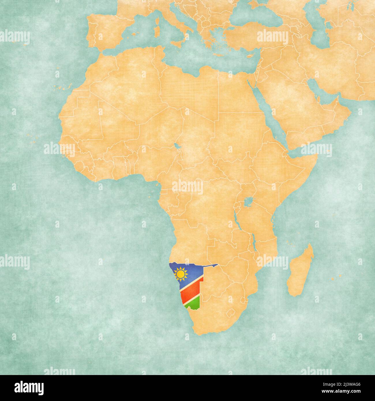 Namibia (namibische Flagge) auf der Karte von Afrika. Die Karte ist im weichen Grunge- und Vintage-Stil gehalten, wie Aquarell auf altem Papier. Stockfoto