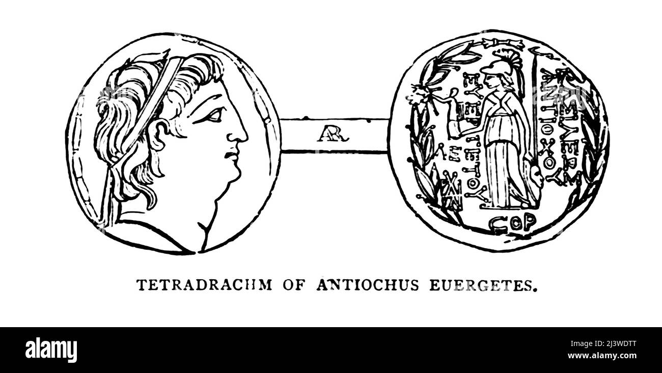 Tetradrachm von Antiochus Euergetes Illustration der antiken biblischen Zeitmünze aus dem Buch "das Geld der Bibel" von George Charles Williamson, Verlag: London, The Religious Tract Society 1894 Stockfoto
