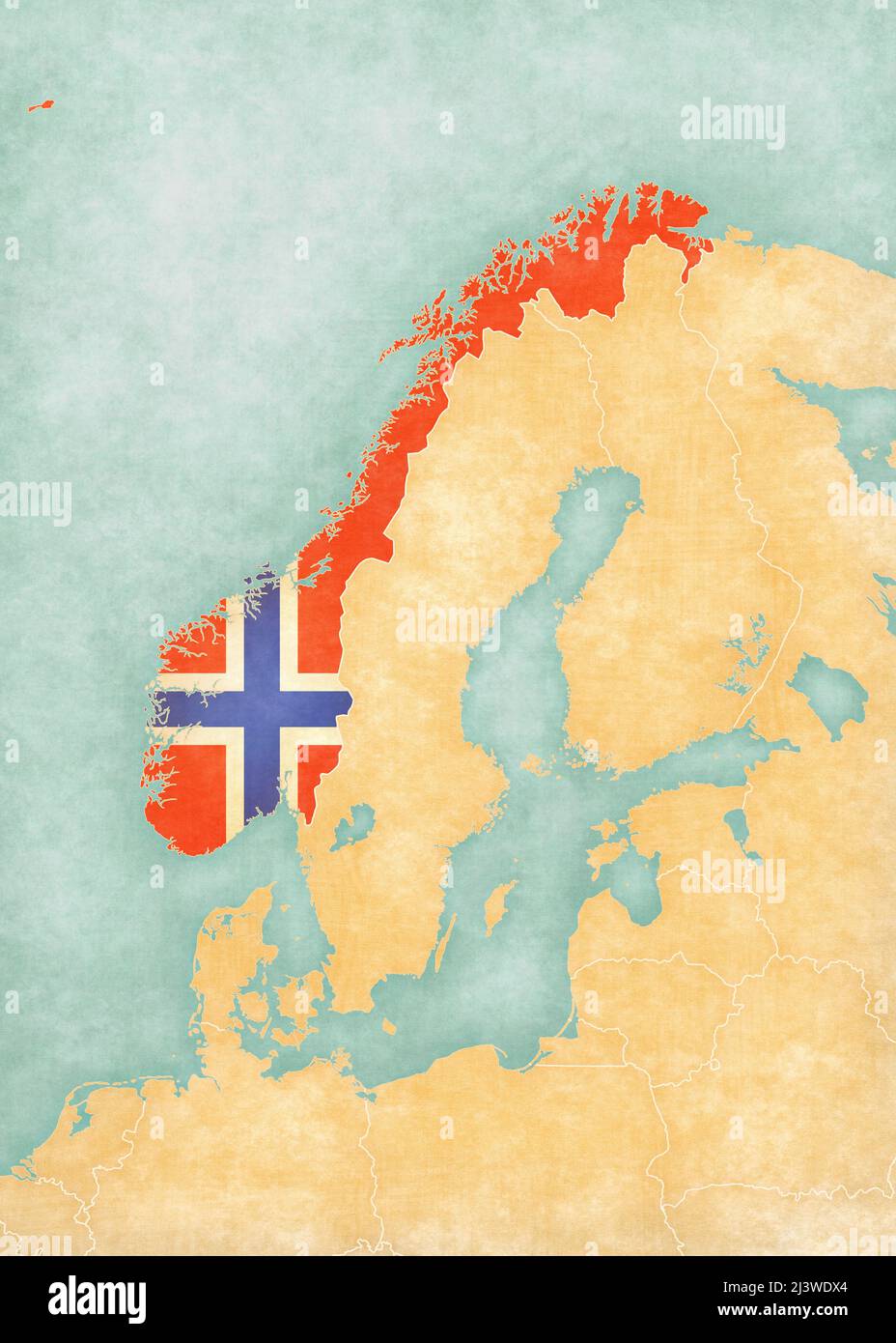 Norwegen (norwegische Flagge) auf der Karte Skandinaviens in sanftem Grunge- und Vintage-Stil, wie Aquarellmalerei auf altem Papier. Stockfoto