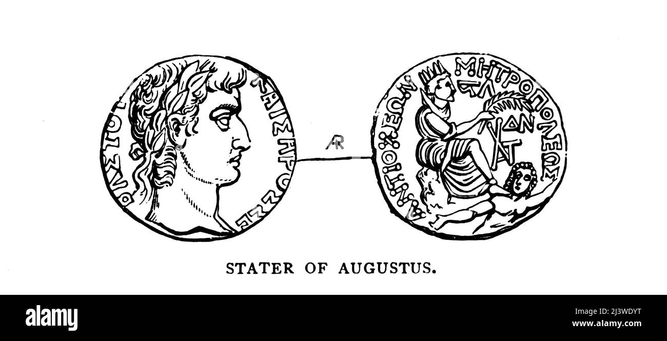 STATER DES AUGUSTUS. Illustration der antiken biblischen Zeitmünze aus dem Buch "das Geld der Bibel" von George Charles Williamson, Verlag: London, The Religious Tract Society 1894 Stockfoto