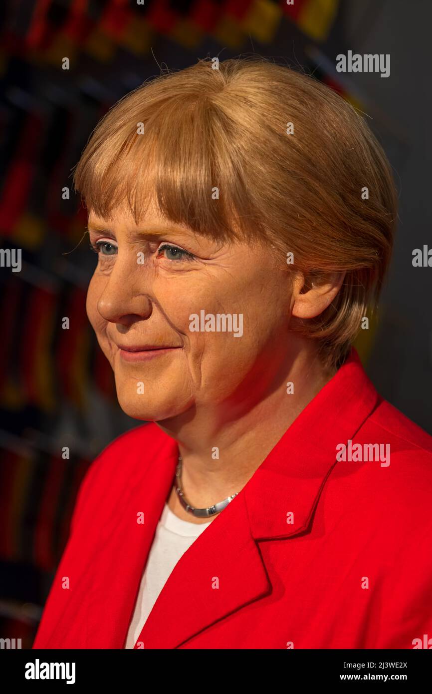 Angela Merkel Wachsfigurenportrait, ehemalige deutsche Kanzlerin im Madame Tussauds Berliner Wachsmuseum in Berlin, Deutschland. Stockfoto