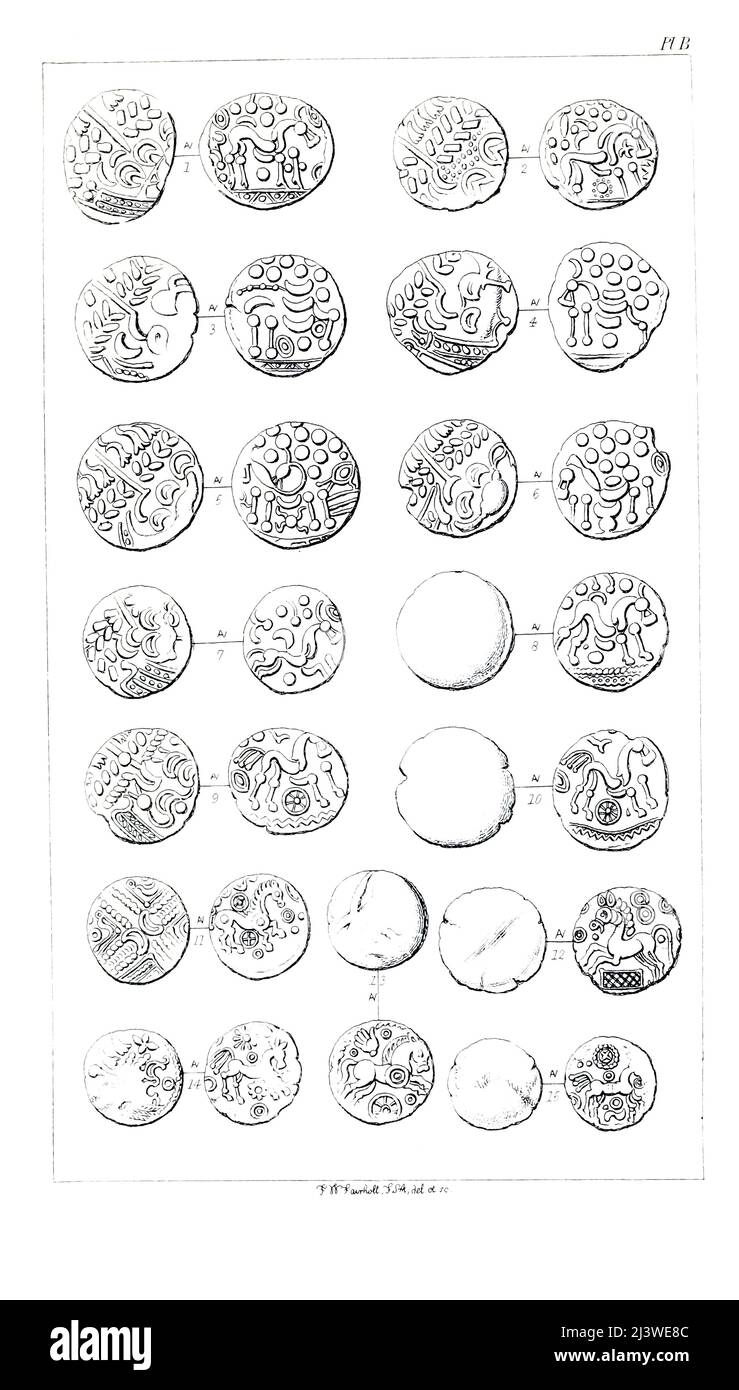 Alte Briten Münzen aus dem Buch "die Münzen der alten Briten" von John Evans, Sir, und gestochen von Frederick William Fairholt und P. Sellier, Verlag London : B. Quaritch 1864 Stockfoto