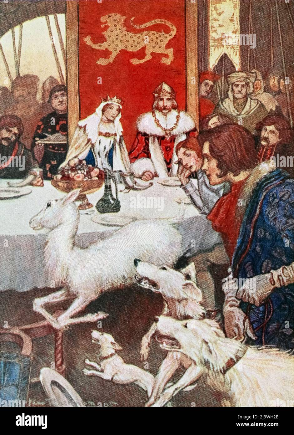 KÖNIG ARTHUR HATTE KAUM GESPROCHEN, BEVOR Ein WEISSER Hirsch AUS dem von Arthur Rackham illustrierten Buch „ Stories of King Arthur “ von Arthur Lincoln Haydon in DEN SAAL lief, Stockfoto