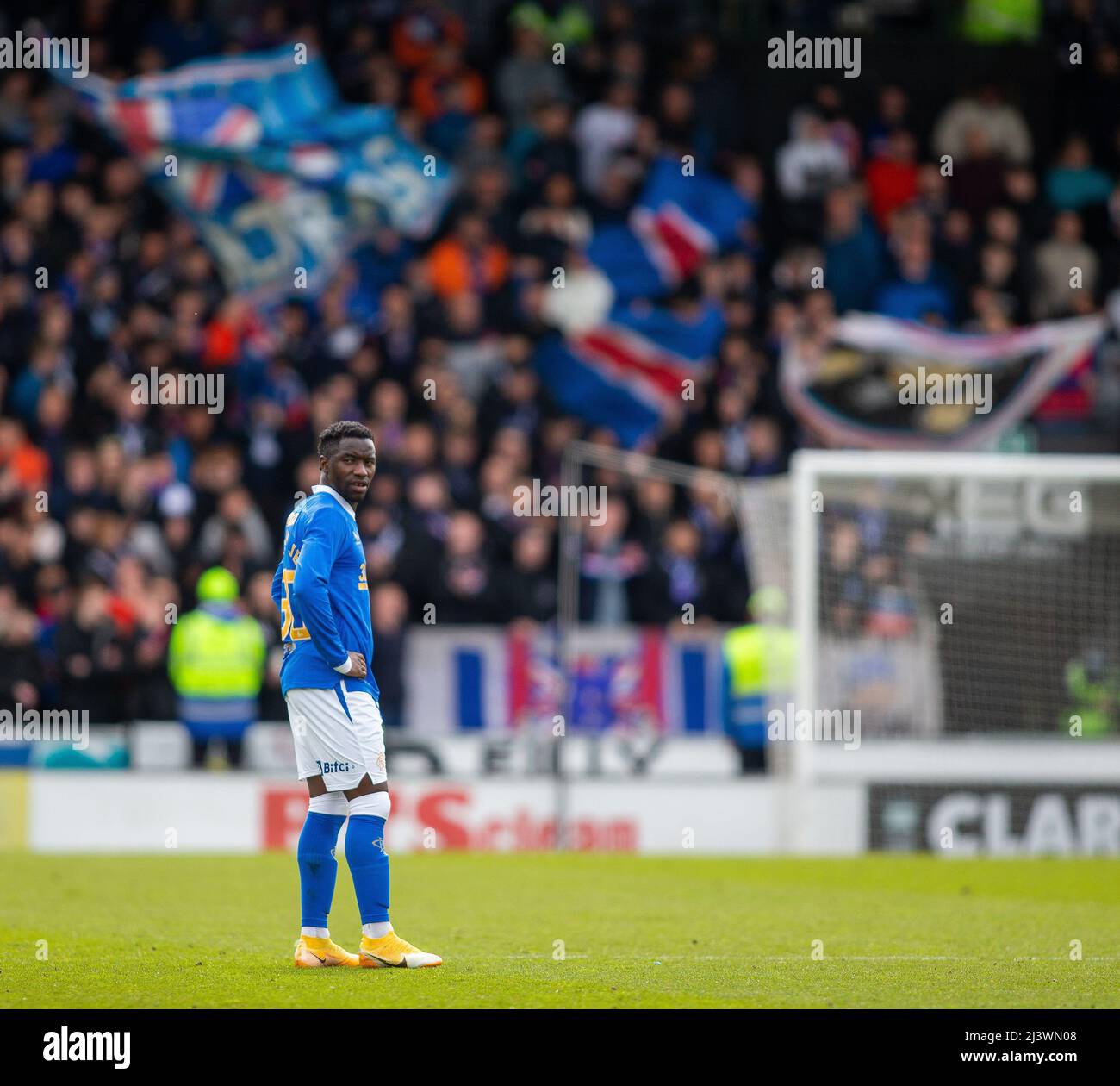 10.. April 2022, St Mirren Park, Paisley, Renfrewshire, Schottland; Fußball der Scottish Premier League, St. Mirren gegen Rangers; Mode Sakala der Rangers Stockfoto