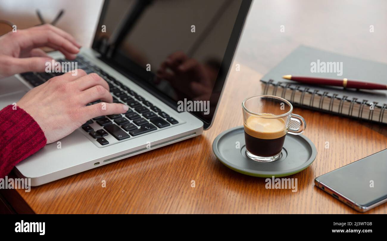 Frau arbeitet mit einem Computer, weibliche Hände auf der Laptop-Tastatur, Nahaufnahme. Moderner kreativer Büroarbeitsplatz, Holztisch, Home Office. Stockfoto