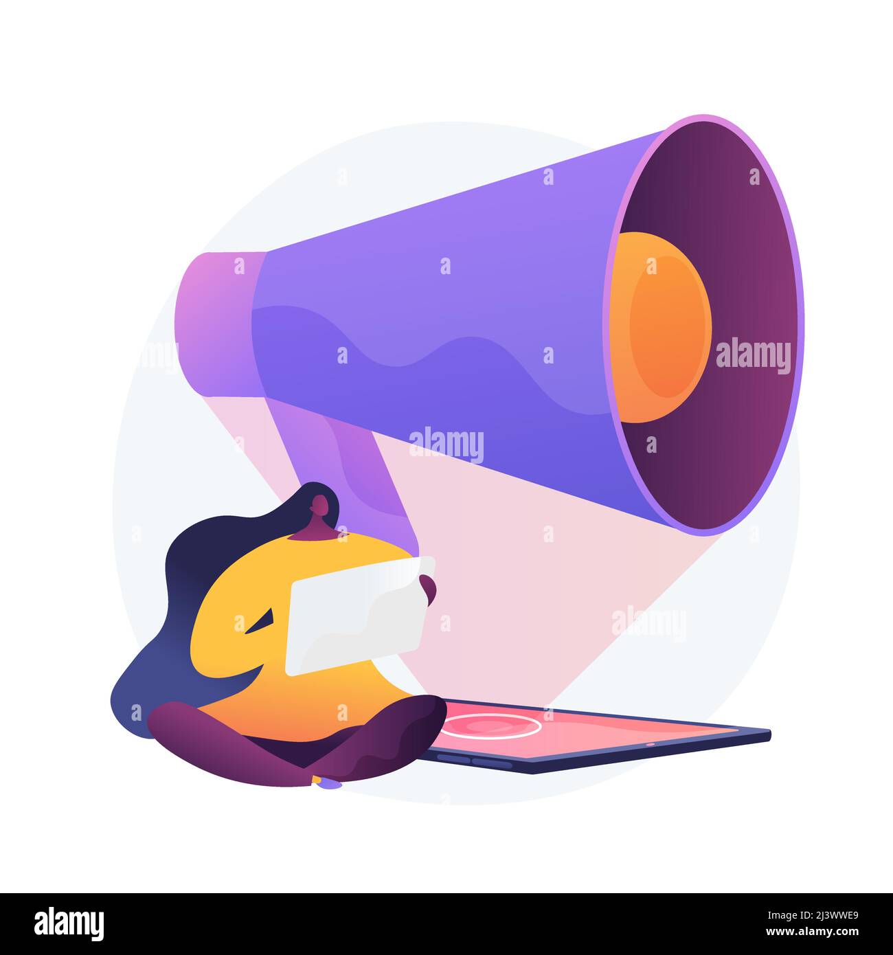 Social Media Marketing. Kampagne zur Publikumsanziehung, Werbegeschäft, öffentliche Bekanntgabe. Internet Influencer mit Megaphon Cartoon-Charakter. Stock Vektor