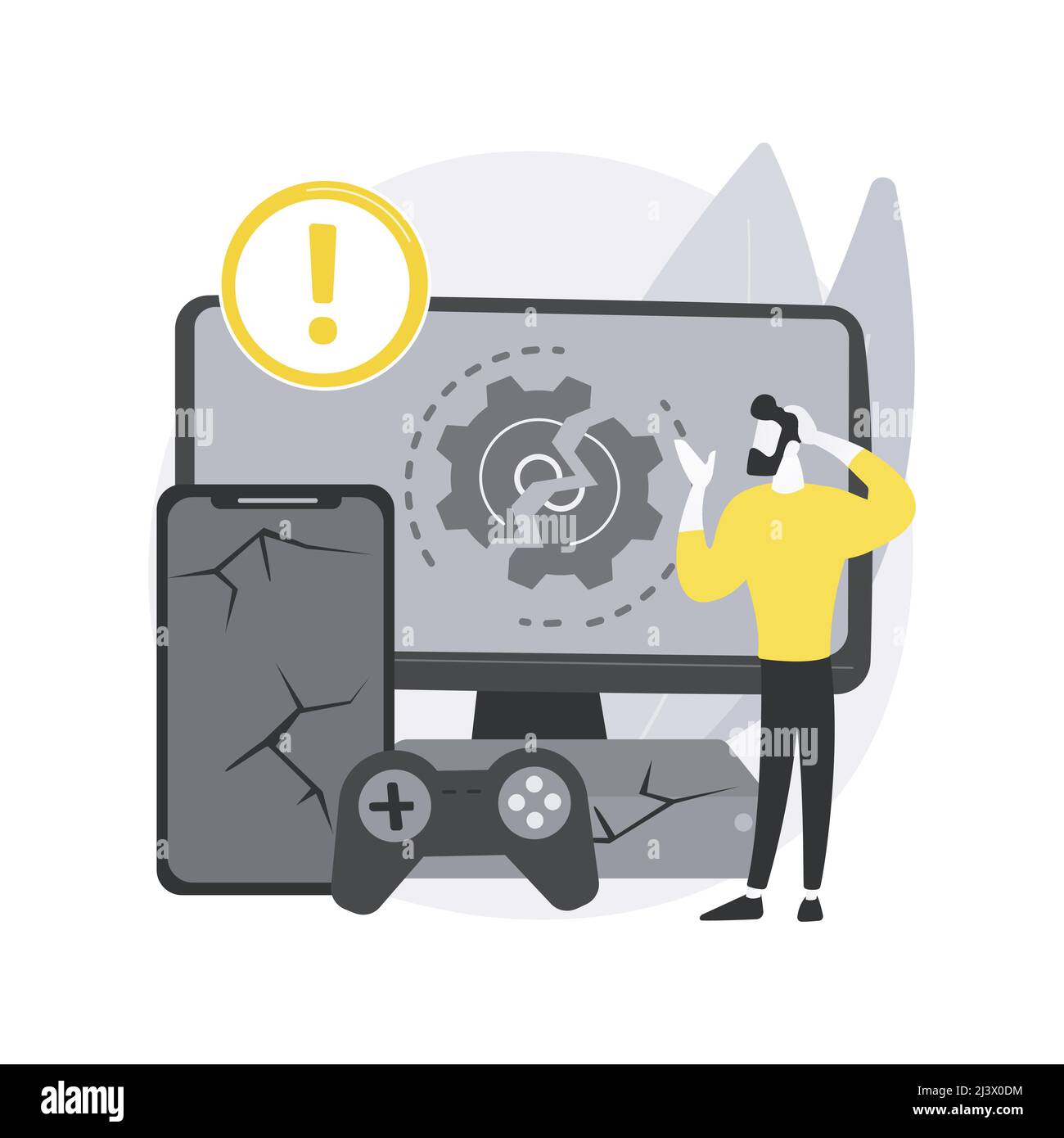 Fehlerhafte Produktabstrakt Konzept Vektorgrafik. Fertigung oder Design-Defekt, defekte Ausrüstung, Computer-Upgrade, Verkäufergarantie, Klage r Stock Vektor