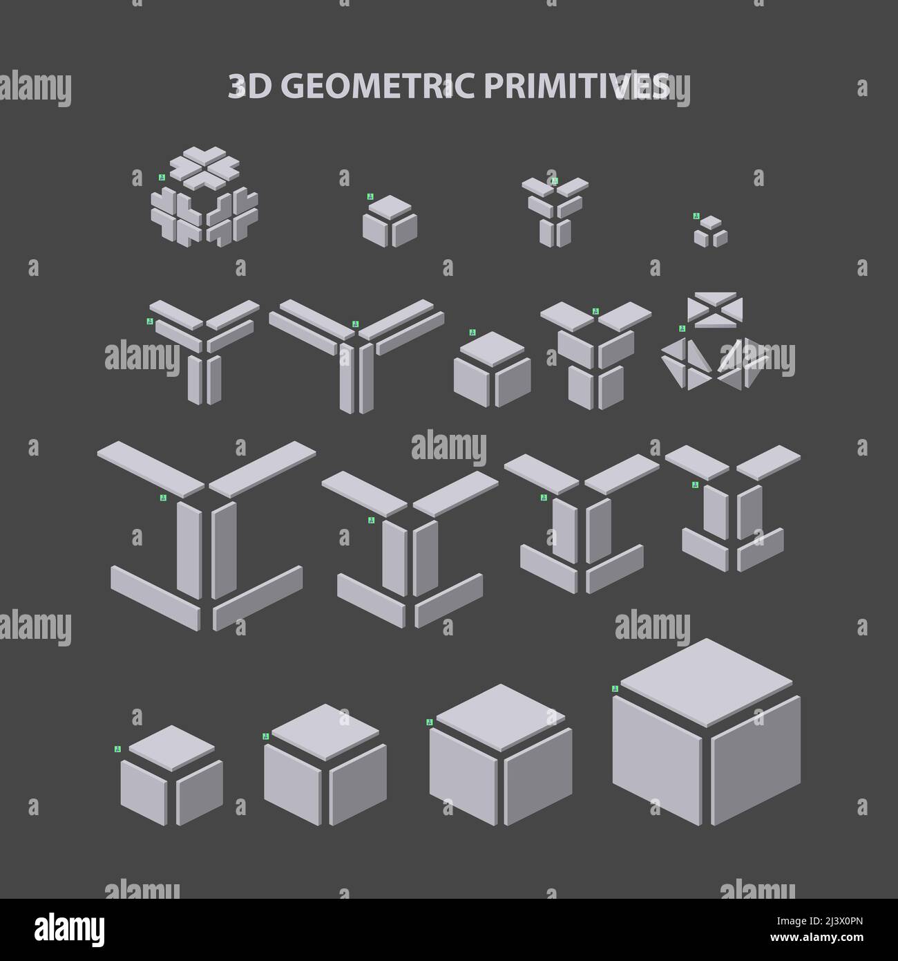 Sammlung von 3D geometrischen primitiven Formen für die Kombination in der Konstruktion. Vektorgrafik. Stock Vektor