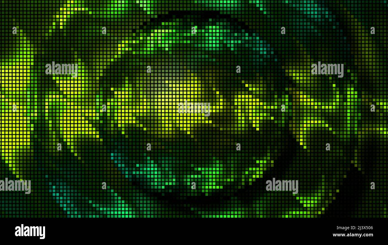 Hintergrund in Abstraktion. Bewegung. Eine Kugel aus kleinen Quadraten und Kreisen schimmert mit neongrünen und roten Farben Stockfoto