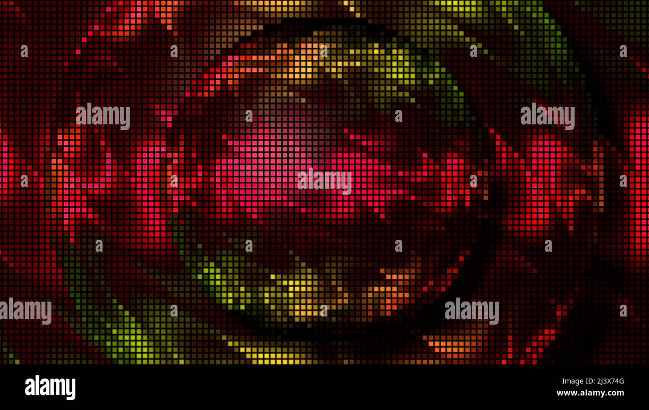 Hintergrund in Abstraktion. Bewegung. Eine Kugel aus kleinen Quadraten und Kreisen schimmert mit neongrünen und roten Farben Stockfoto