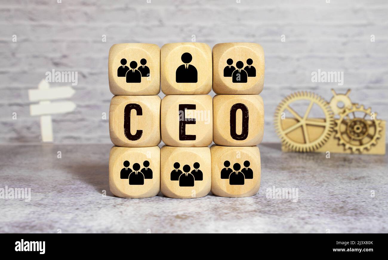 Das Wort CEO Chief Executive Officer auf Holzwürfeln auf gelbem Hintergrund. Chef-, Führungs-, Führungs- oder Top-Management-Position in einem Team oder Geschäft c Stockfoto
