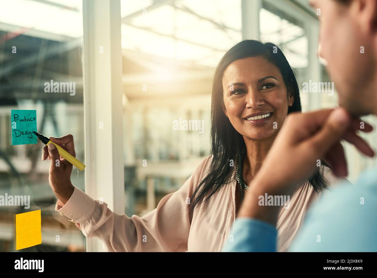 Ihre Vision zum Leben erwecken. Aufnahme einer selbstbewussten Geschäftsfrau, die ihrem Kollegen mit Haftnotizen an einer Glaswand im Büro eine Idee vorstellt. Stockfoto
