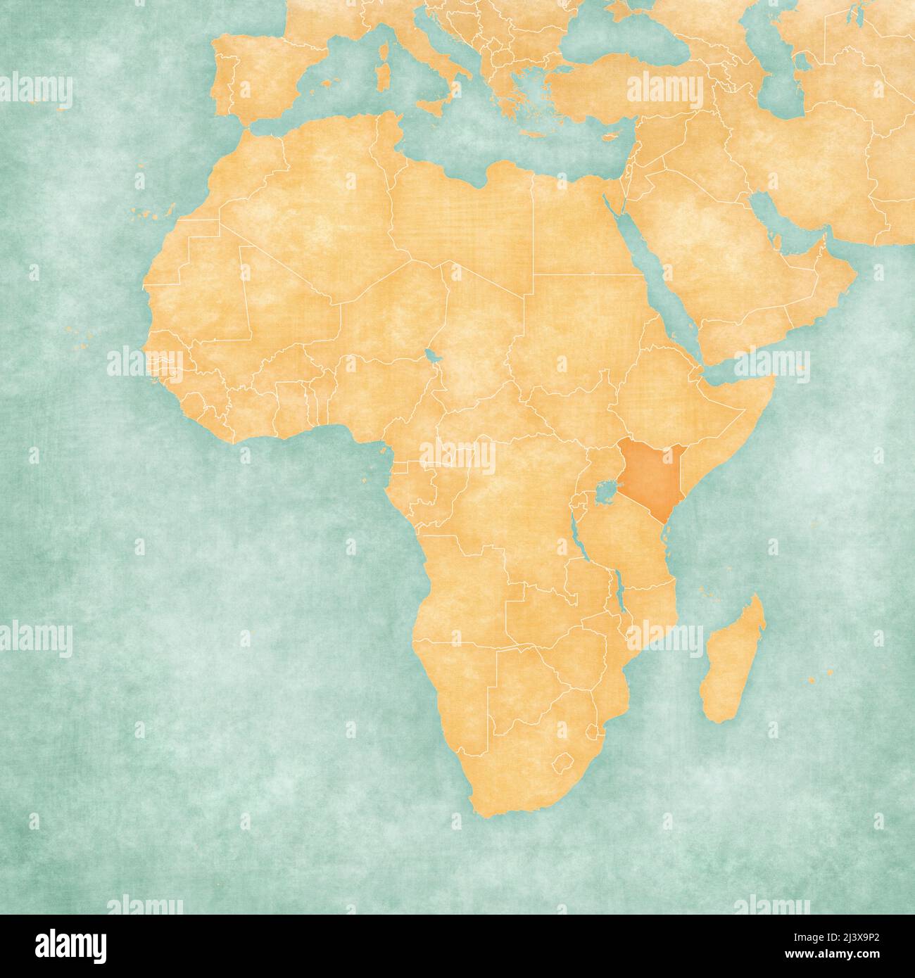 Kenia auf der Landkarte von Afrika in sanftem Grunge- und Vintage-Stil, wie altes Papier mit Aquarellmalerei. Stockfoto