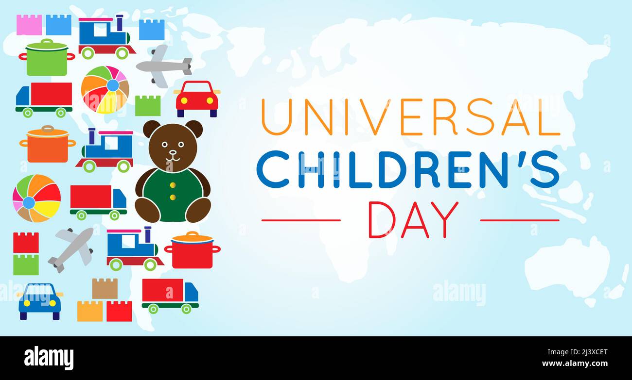 Universal Children's Day Hintergrund Illustration mit bunten Spielzeug Stock Vektor