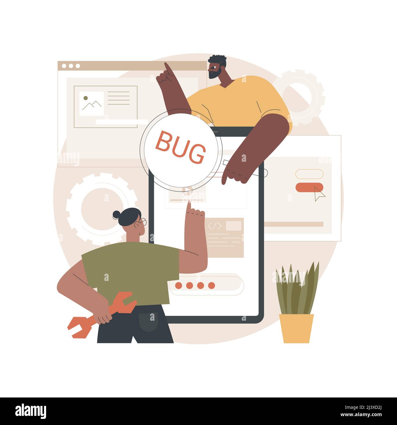 Abstraktes Konzept der Softwaretests Vektorgrafik. TESTS VON IT-Softwareanwendungen, Qualitätssicherung, QS-Team, Fehlerbehebung, Automatisierung und Handbuch, Stock Vektor