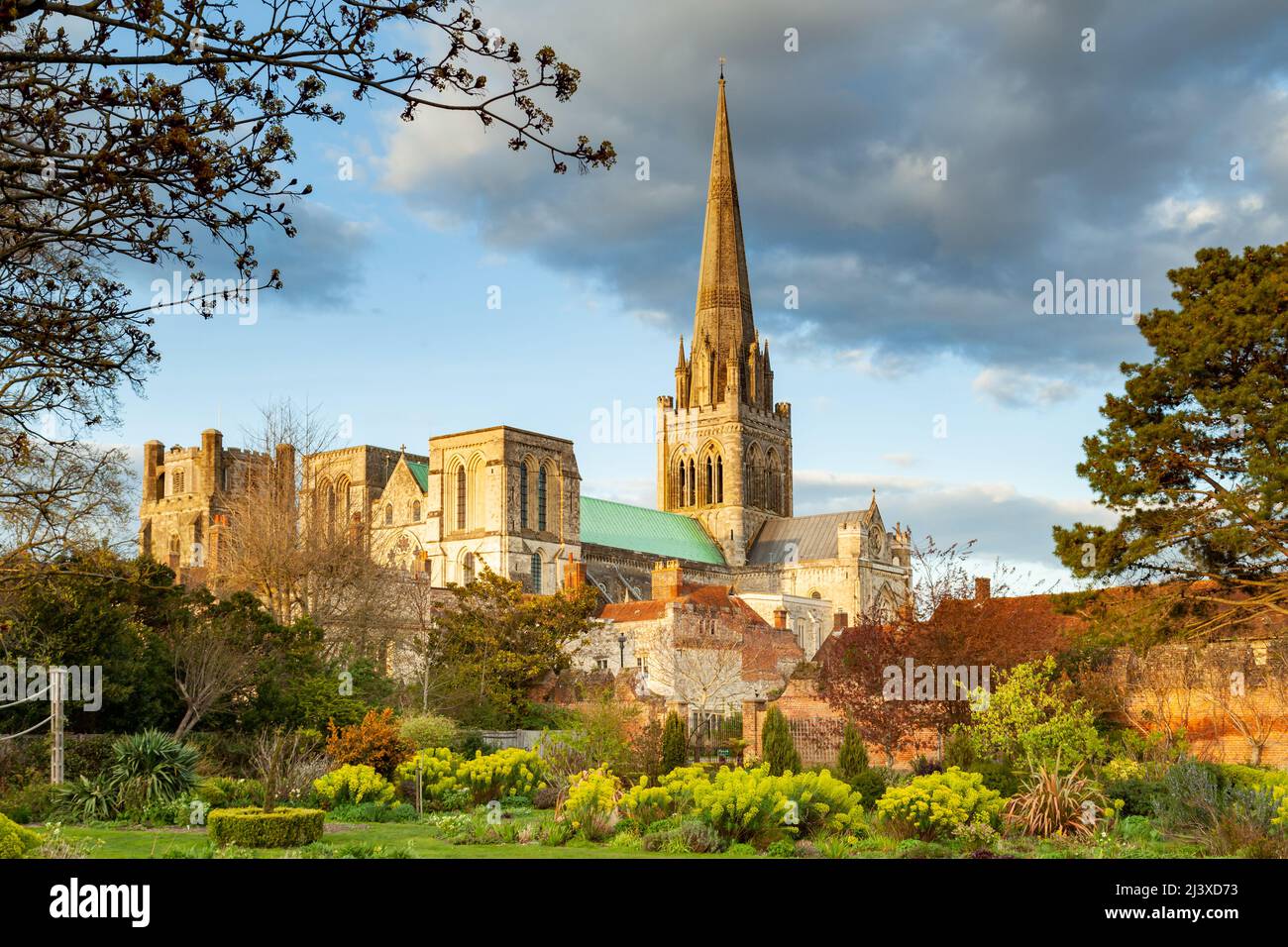 Sonnenuntergang im Frühling in der Chichester Cathedral, West Sussex, England. Stockfoto