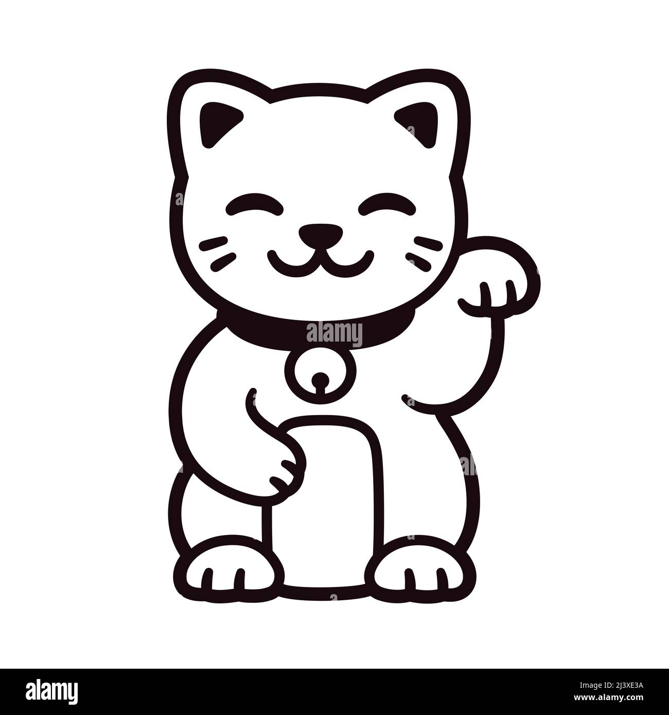 Niedliche Cartoon Maneki Neko, japanische glückliche Katze. Schwarz-weißes Logo oder Symbol. Vektorlinien-Grafik. Stock Vektor