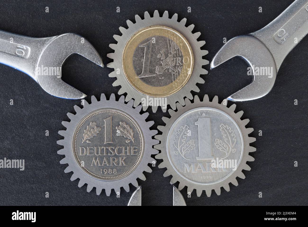 Euro, D-Mark, DDR-Mark, Ost-Mark Stockfoto
