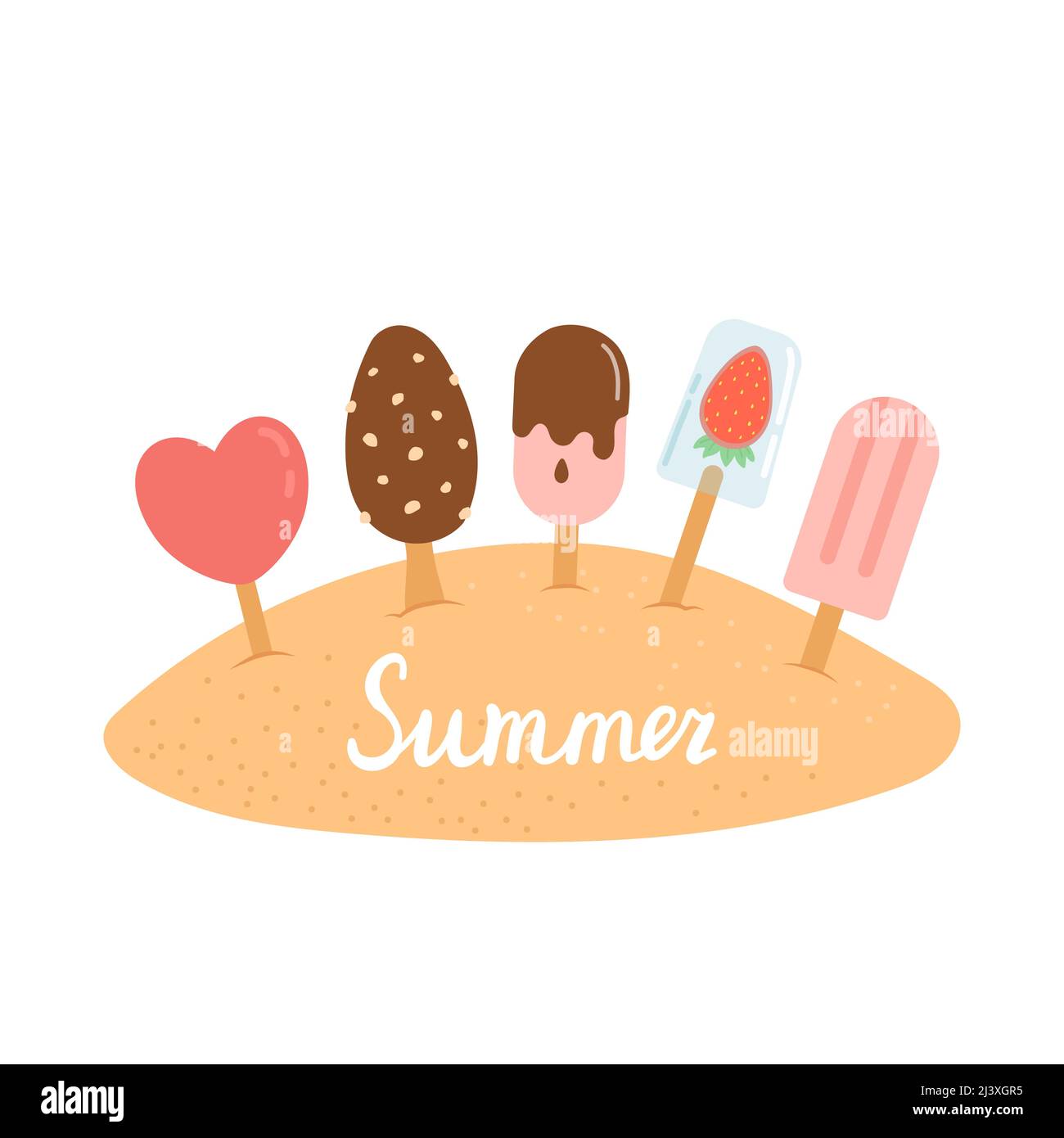 Hallo Sommer Satz von Elementen auf Sand, Vektor Stock Vektor