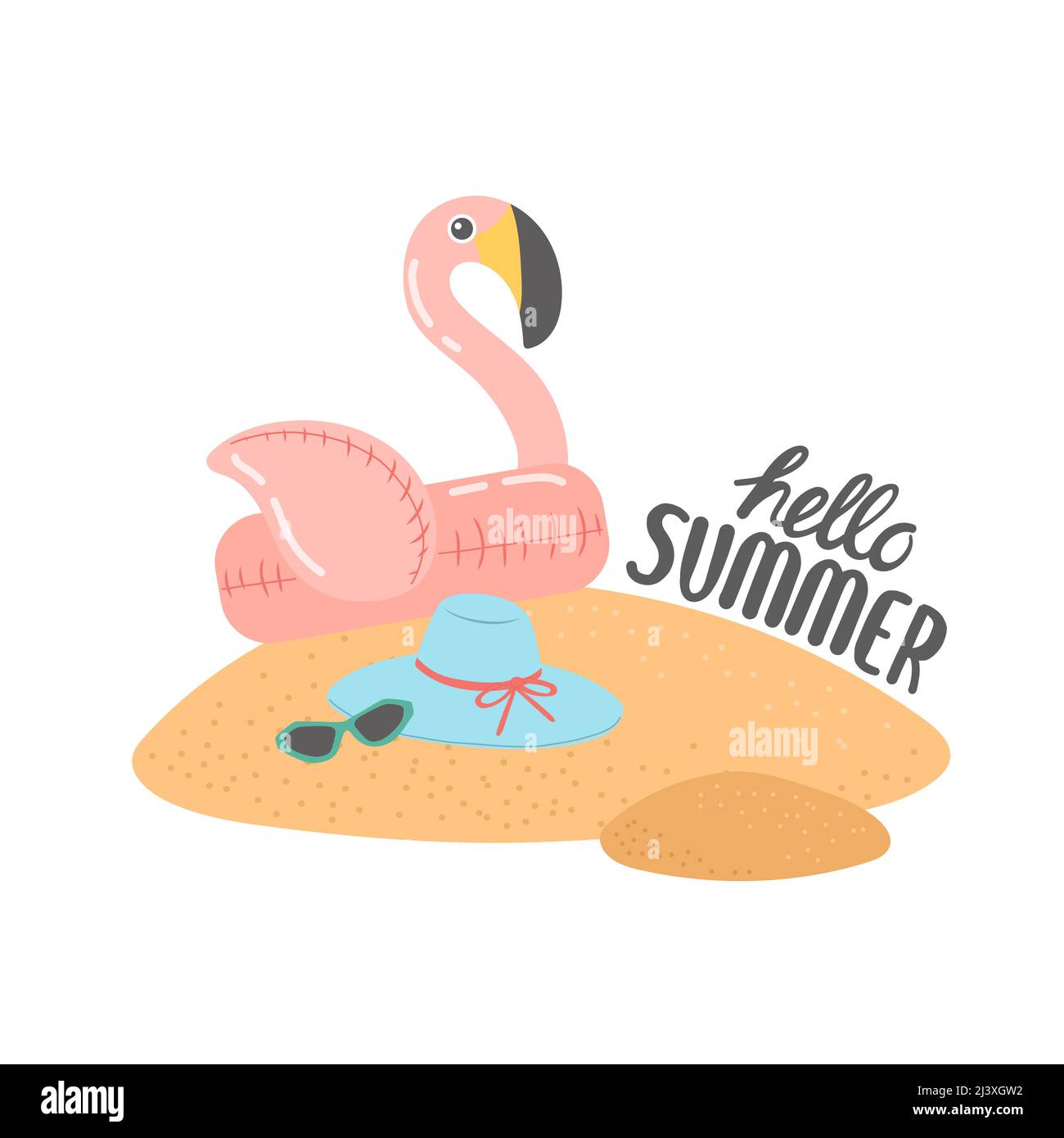 Hallo Sommer Satz von Elementen auf Sand, Vektor Stock Vektor